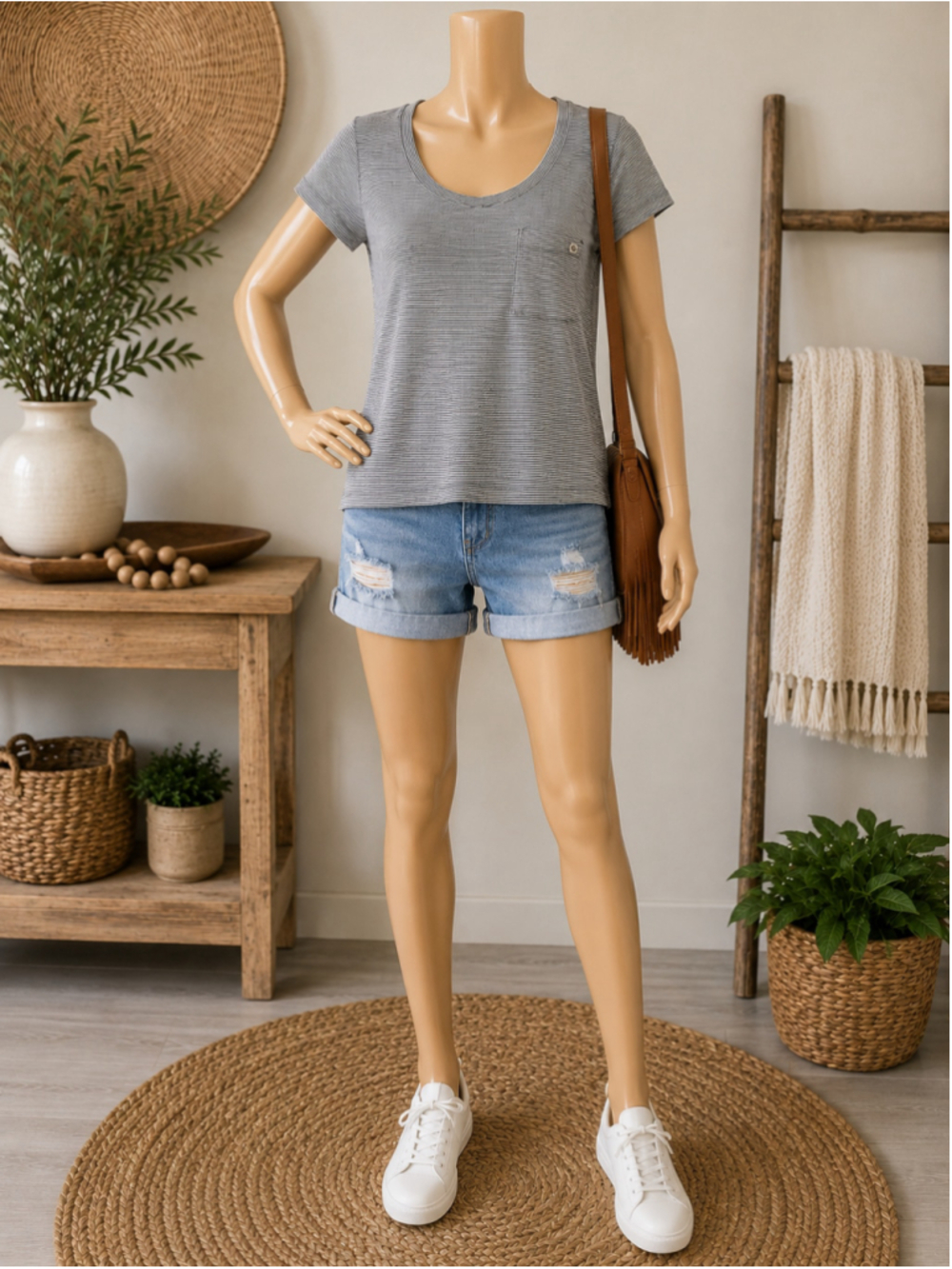Women’s Medium Gray White Striped Scoop Neck Pocket Tee Side Slit